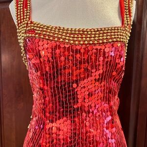 Stunning Red Sequin Evening Gown with Gold Beaded Trim